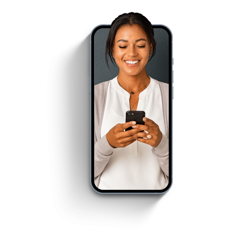 an image of a woman popping out in a mobile phone holding her cellphone